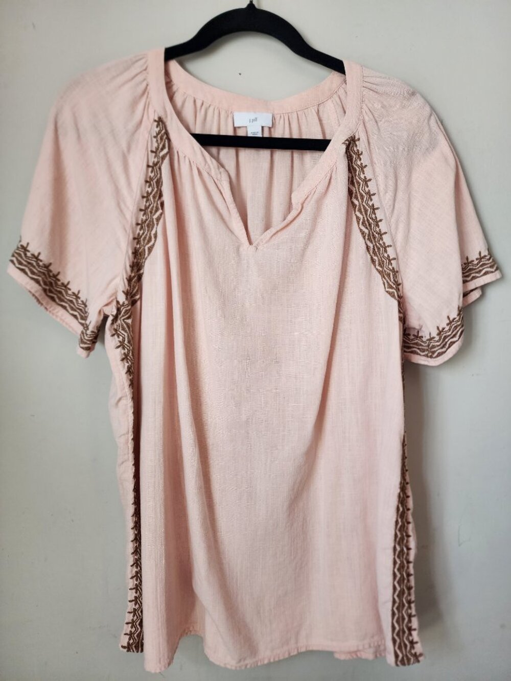 J. Jill Embroidered Boho Peasant Blouse Linen Blend Short Sleeve